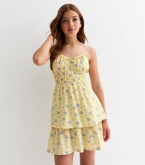 Girls Yellow Floral Shirred...