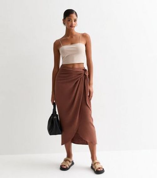 Brown Linen-Look Sarong Midi...