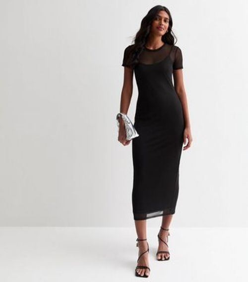 Black Mesh Short-Sleeved Midi...