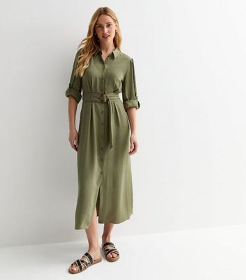 Khaki Belted Midi Shirt Dress...