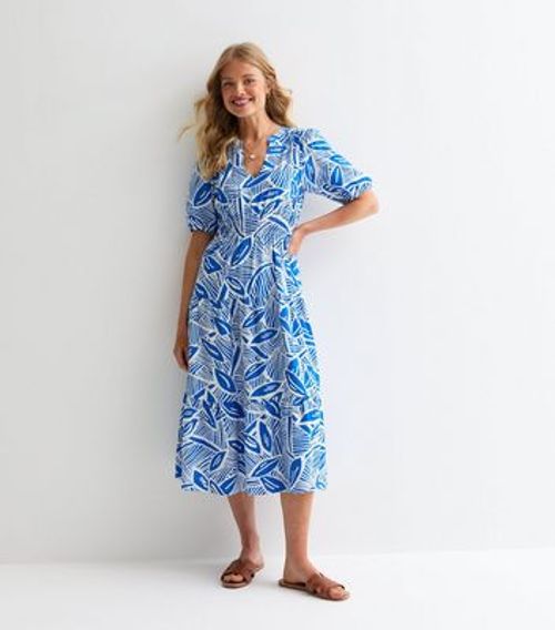 Blue Leaf-Print Midi Dress...