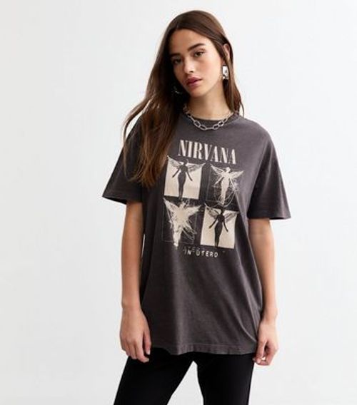 Dark Grey Cotton Nirvana Print Oversized T-Shirt New Look