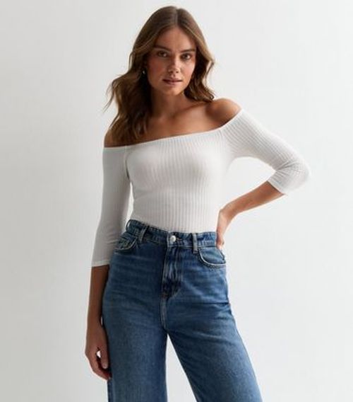 White Ribbed Bardot Top New...