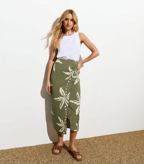 Green Palm Print Wrap Midi...