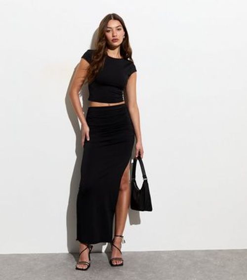 Black Ruched Side Maxi Skirt...