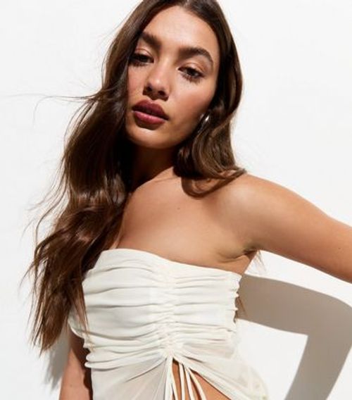 Cream Mesh Ruched Bandeau Top...