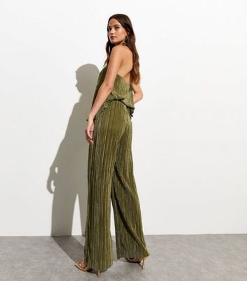 Olive Plisse-Pleated Wide Leg Trousers New Look