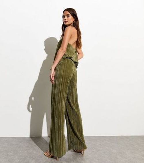 Olive Plisse-Pleated Wide Leg...