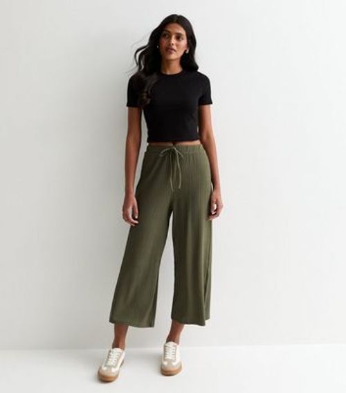 Khaki Ribbed Wide Leg Cropped...