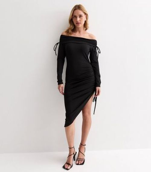 Cameo Rose Black Ruched Bardot Midi Dress New Look