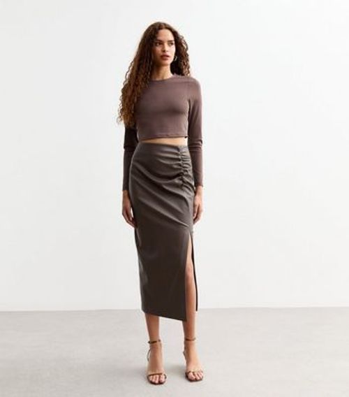 Mink Ruched Leather-Look Midi...