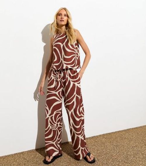 Brown Line Print Wide Leg...