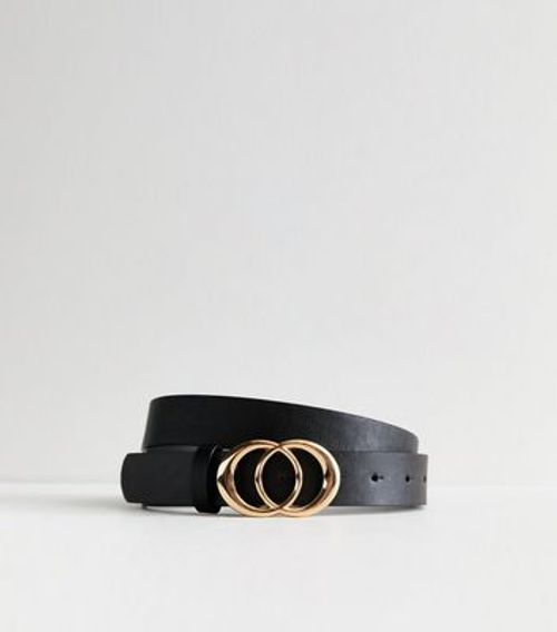 Black Leather-Look Double Circle Buckle Belt New Look