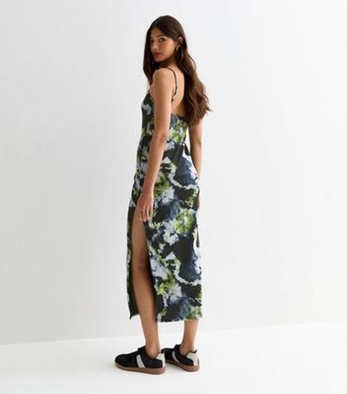 Green Mesh Abstract Print Split Hem Strappy Midi Dress New Look