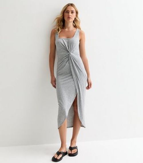 Grey Ribbed Front-Knot Midi...