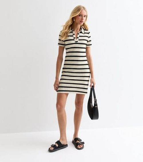 White Striped Polo-Collar Mini Dress New Look