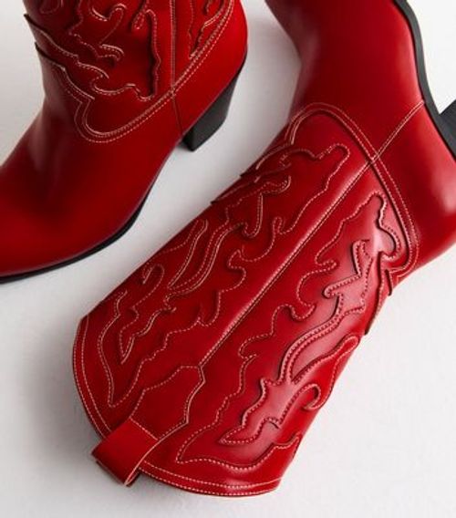 Red Leather-Look Cowboy Boots New Look