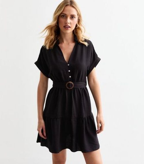 Black Belted Mini Shirt Dress...