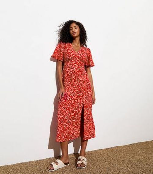 Red Floral Print Split Front Midi Dress New Look