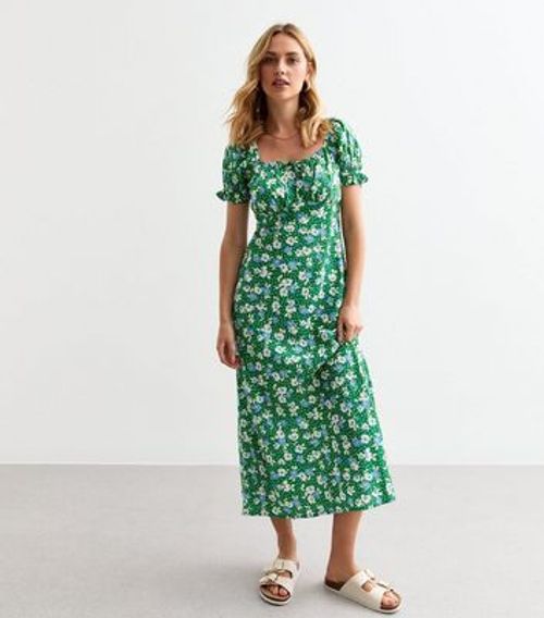 Green Floral Puff Sleeve Midi...