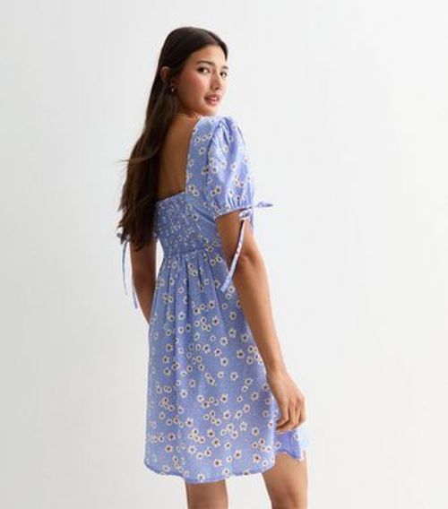 Blue Floral Print V-Neck Mini Dress New Look