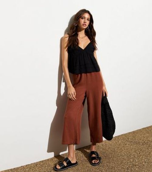 Brown Cropped Linen-Look Wide...