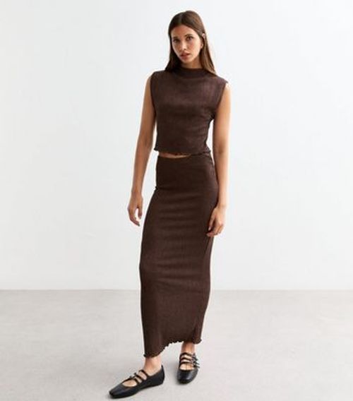 Brown Textured Midi Skirt New...