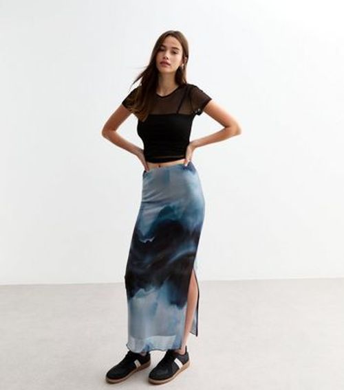 Blue Abstract Print Mesh Midi...