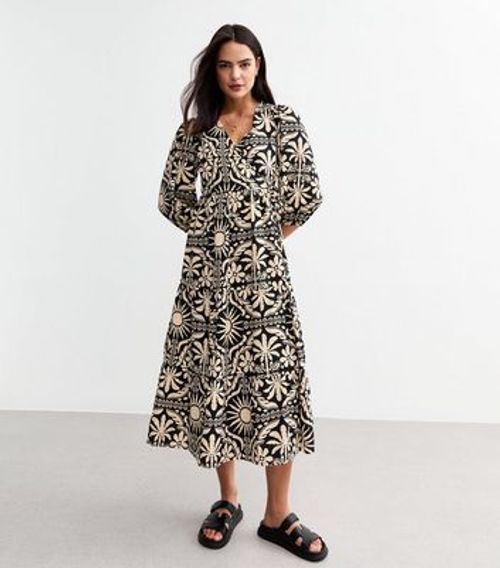 Black Tile Pattern Wrap Front Midi Dress New Look