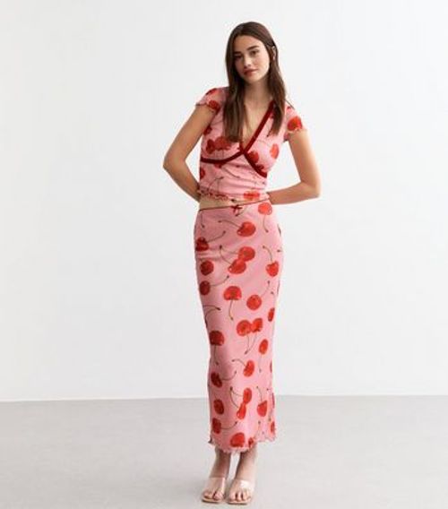 Pink Cherry Print Mesh Midi...