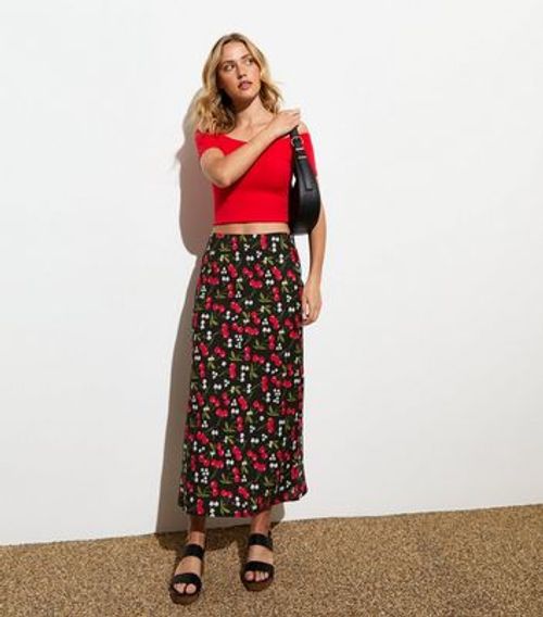 Black Cherry Print Mesh Midi Skirt New Look