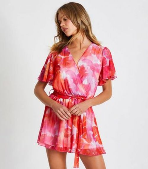 QUIZ Pink Floral Print Belted...