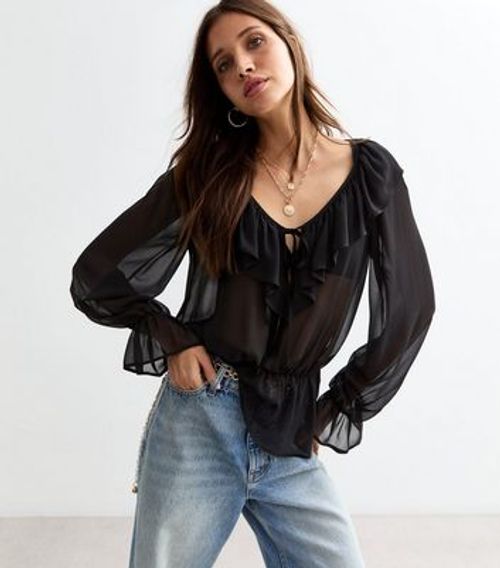 Black Ruffle Trim Blouse New...