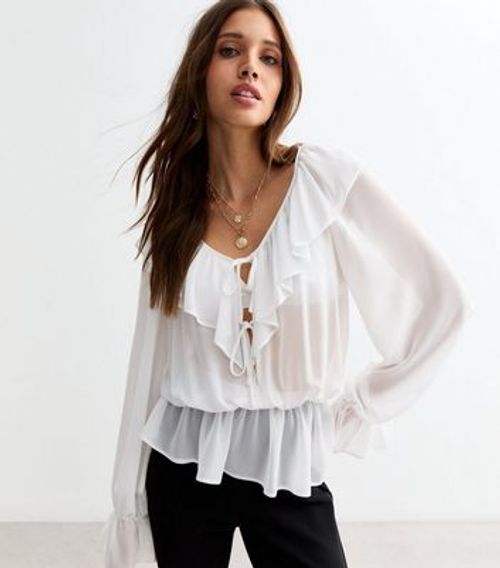 White Ruffle Trim Blouse New...