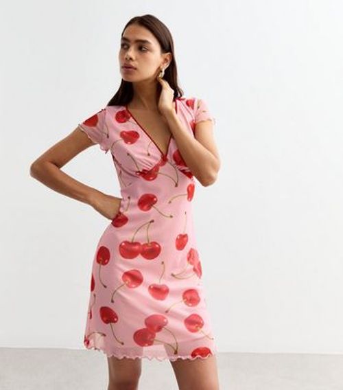 Pink Cherry Print Mesh Mini Dress New Look