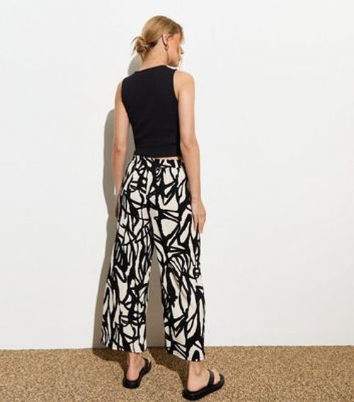Black Textured Abstract Print Wide Leg Crop Trousers New Look