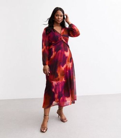 Curves Red Abstract Print Twist Front Mesh Midi Dress New Look