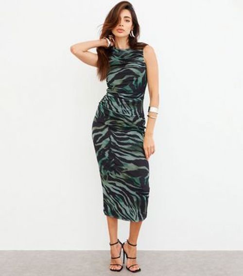 WKNDGIRL Green Mesh Animal Print Midi Dress New Look