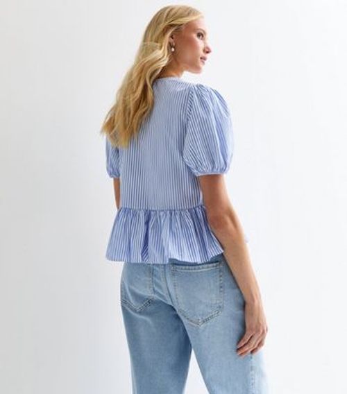 Blue Tie-Front V-Neck Striped Peplum-Hem Blouse New Look