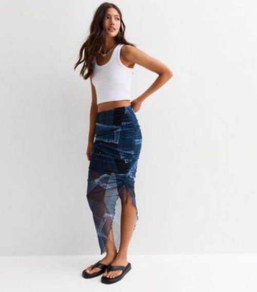 Blue Mesh Patchwork Denim...