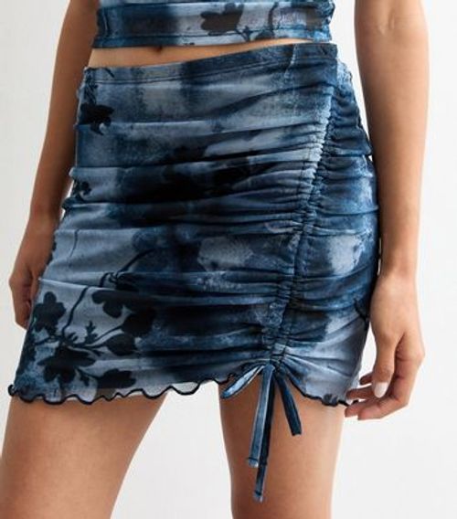 Blue Floral Print Ruched Mesh...