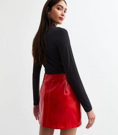 Red Leather-Look Mini Skirt...