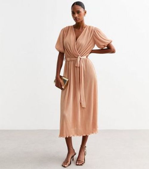 Gini London Pink Plissé V-Neck Wrap Midi Dress New Look