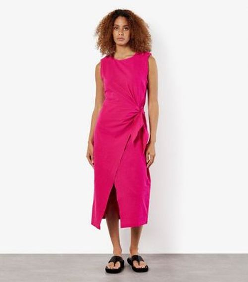 Apricot Bright Pink Cotton Wrap Knot Midi Dress New Look