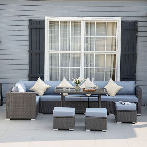 10 Pieces Rattan Sofa Set Outdoor Wicker Furniture with Table Stools Cushions