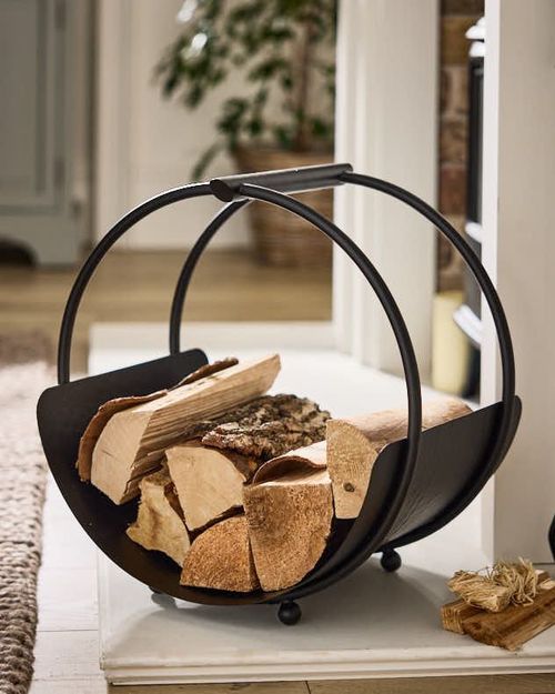 Traditional Black Round Fireside Log Storage Fireplace Log Holder