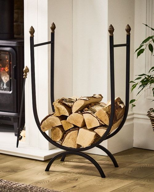 Traditional Style Black U Shape Log Storage Firewood Log Holder with Acorns H76 x W46cm