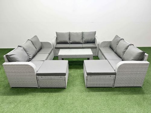 PE Rattan Lounge Sofa Set 11 Seater Outdoor Garden Furniture Set with Oblong Coffee Table 3 Seater Sofa 2 Big Footstools Light Grey