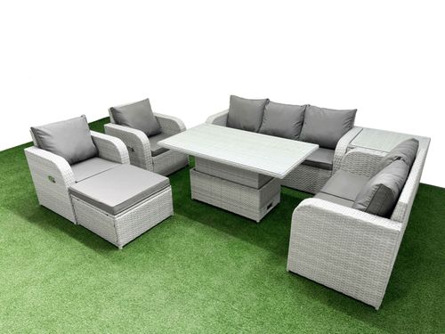 PE Rattan Garden Furniture Set Reclining Chair Sofa Double Love Seat 2 Seater Sofa Lounge Set Adjustable Lifting Dining or Coffee Table Big Footstool