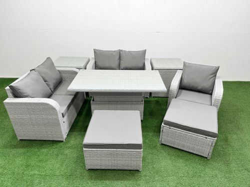 High Back Poly Rattan Garden Furniture Set with Reclining Chair Loveseat Sofa Adjustable Lifting Dining or Coffee Table Indoor Outdoor Patio Set 2 Bi